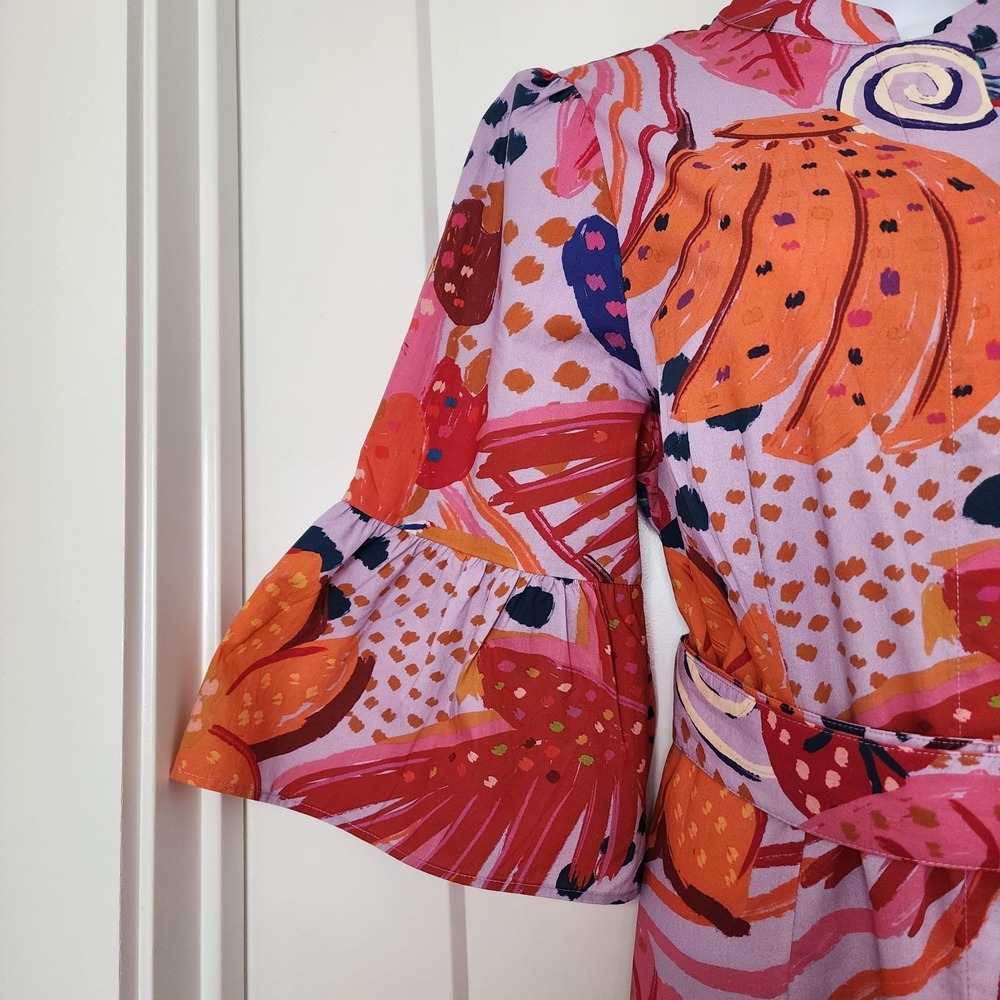 Farm Rio Tropical Print Belted Midi Dress M Pink Orange Bell Sleeve Resortwear - Picture 16 of 16